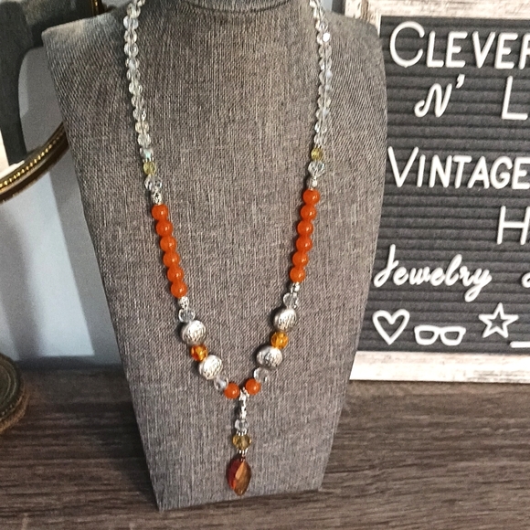 Aurora borealis glass w Lotus & orange Artisan beaded necklace - Picture 4 of 8